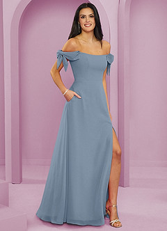 Barbie ♥ Azazie Vestidos de damas de honor Vestido de Azul Polvoriento de Gasa de Corte en A Convertible con Vestidos sin tirantes image4