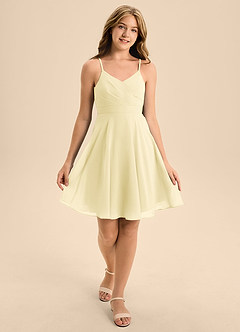 Azazie Avelina Junior Lemon Sorbet A-Line Pleated Chiffon Dress image3