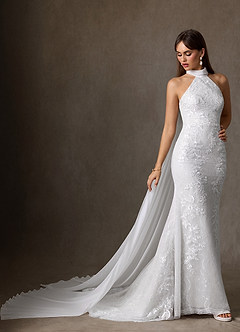 Azazie Kaiyana Hochzeitskleider Etui Hoher Kragen Spitze Kleid Diamantweiß image1