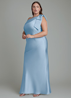 Azazie Yuanna Vestidos de damas de honor Vestido Azul Pálido de Satén Elástico de Corte Sirena con Un hombro image13