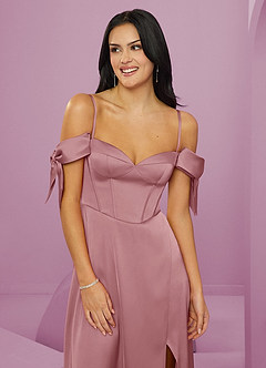 Barbie ♥ Azazie Bridesmaid Dresses Dusty Rose A-Line Off the Shoulder Stretch Satin Dress image12