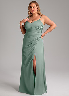 Azazie Azuree Essayer des robes à la maison Robe Trapèze en Satin extensible Plissée Eucalyptus image9