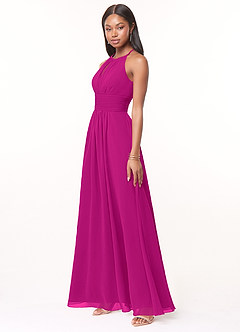 Azazie Bonnie Vestidos de damas de honor Vestido de Fucsia de Gasa de Corte En A con Cuello de pico fruncido image3