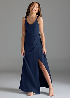 Azazie Leo Junior Meerjungfrau-Linie Plissee Chiffon Kleid Dunkelmarine image4