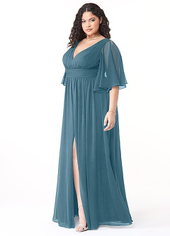 Azazie Temeka Brautjungfernkleider A-Linie Gestreift Chiffon Kleid Bermudablau image9