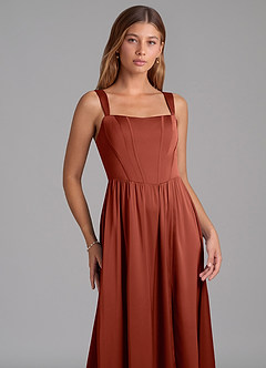 Azazie Rosaline Bridesmaid Dresses Terracotta A-Line Side Slit Stretch Satin Dress image6
