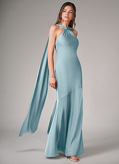 Azazie Kinsley Vestidos de damas de honor Vestido de Azul Malhumorado de Satén Elástico de Corte Sirena con Corte Lateral image3
