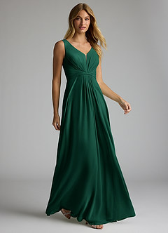 Azazie Gina Bridesmaid Dresses Emerald A-Line V-Neck Pleated Chiffon Dress image4