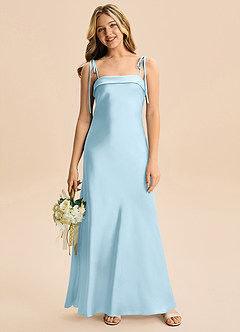 Azazie Willa Junior Vestido de Azul Cielo de Satén Elástico de Corte en A con Lazo image4