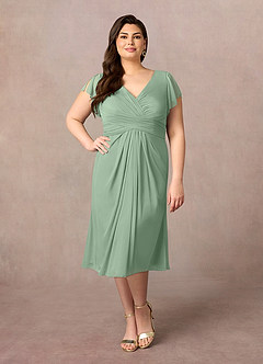 Azazie Vera Mother of the Bride Dresses Matcha A-Line V-Neck Pleated Mesh Dress image1