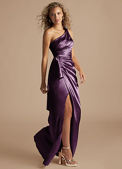 Azazie Maive Bridesmaid Dresses Plum Sheath Ruched Metallic Satin Dress image5