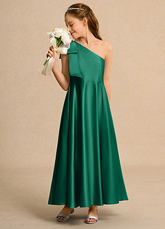 Azazie Guppy Junior Formal Jurken voor bloemenmeisjes A-Lijn Jurk van Mat Satijn One-Shoulder Smaragd image4