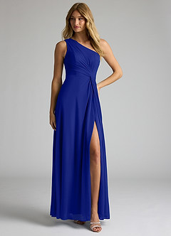 Azazie Brooke Bridesmaid Dresses Royal Blue A-Line One Shoulder Mesh Dress image3