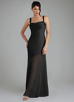 Azazie Piper Vestidos de damas de honor Vestido de Negro de Satén Elástico de Corte Sirena con Plisado image5