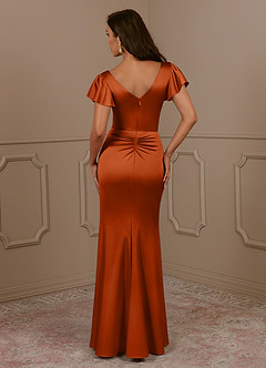 Azazie Roya Vestidos para mãe da noiva Vestido Laranja Queimada de Cetim elástico de sereia com Decote em V Plissado image4