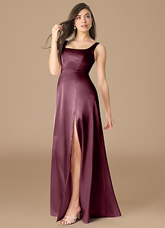 Azazie Joyce Bridesmaid Dresses Cabernet A-Line Side Slit Metallic Satin Dress image3
