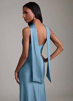 Azazie Cassiana Abiti da Damigella Abito Sirena in Raso Elasticizzato Plissettato Blu Acciaio image4