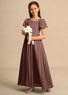 Azazie Lilia Girls Formal Flower Girl Dresses Espresso A-Line with Sleeves Chiffon Dress image3