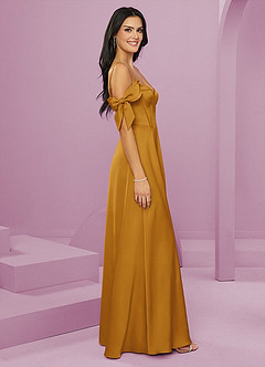 Barbie ♥ Azazie Bridesmaid Dresses Butterscotch A-Line Off the Shoulder Stretch Satin Dress image11