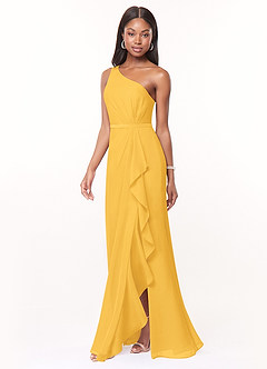 Azazie Liza Bridesmaid Dresses Marigold Mermaid One Shoulder Chiffon Dress image1