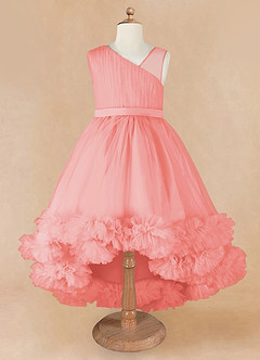 Azazie Lottie Flower Girl Dresses Coral A-Line One Shoulder Satin Dress image5