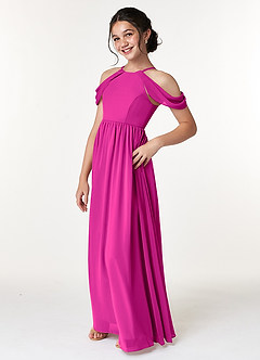 Azazie Seneca Junior Fuchsia A-Line Off the Shoulder Chiffon Dress image4
