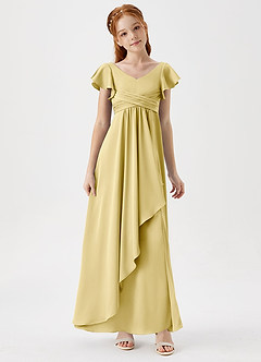 Azazie Omari Junior Lemon Sorbet A-Line Pleated Stretch Satin Dress image3