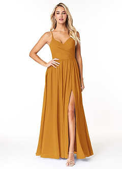 Azazie Dominic Bridesmaid Dresses Butterscotch A-Line V-Neck Pleated Chiffon Dress image1