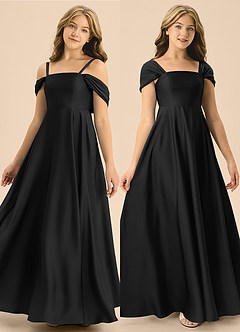 Azazie Rowena Junior Black A-Line Bow Stretch Satin Dress image1