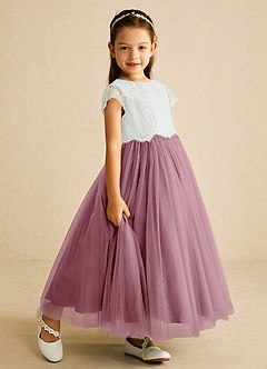 Azazie Bumblebee Flower Girl Dresses Ivory Vintage Mauve A-Line Lace Tulle Dress image2