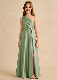 Azazie Puddles Junior Formal Flower Girl Dresses Dusty Sage A-Line One Shoulder Stretch Satin Dress image6