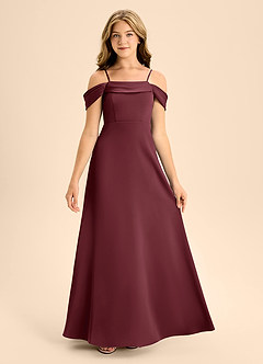 Azazie Anselie Junior Cabernet A-Line Off the Shoulder Stretch Satin Dress image7