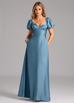 Azazie Fatima Robes de demoiselle d'honneur Robe Trapèze en Satin extensible Plissée Acier Bleuté image3