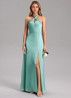 Azazie Tracie Bridesmaid Dresses Aqua A-Line Side Slit Stretch Satin Dress image3