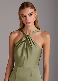 Azazie Elana Bridesmaid Dresses Pistachio Sheath Side Slit Stretch Satin Dress image6
