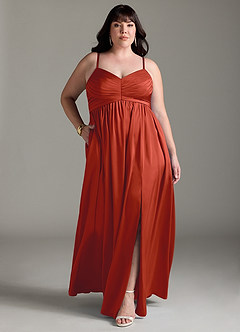 Azazie Alia Bridesmaid Dresses Rust A-Line Pleated Stretch Satin Dress image10