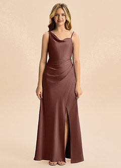 Azazie Abby Junior Espresso Sheath Pleated Stretch Satin Dress image5