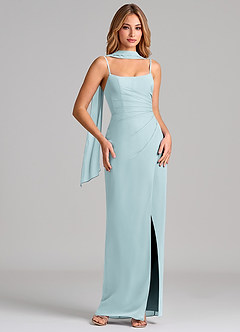 Azazie Calandra 신부 들러리 드레스 쉬스 주름진 쉬폰 바닥 길이 드레스 image1