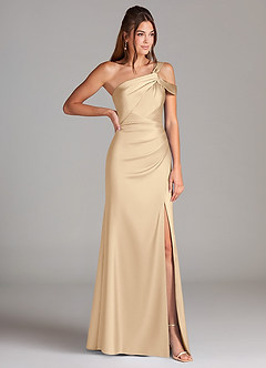 Azazie Wynter Bridesmaid Dresses Champagne Sheath Off the Shoulder Stretch Satin Dress image4
