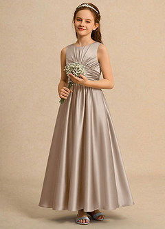 Azazie Ducky Girls Formal Flower Girl Dresses Taupe A-Line Pleated Stretch Satin Dress image5