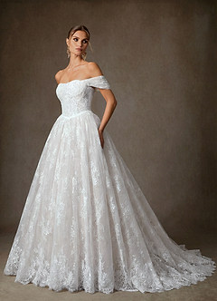 Azazie Justice Wedding Dresses Diamond White Ball-Gown Off the Shoulder Lace Dress image1