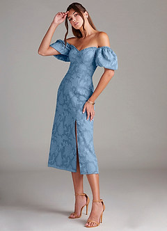 Azazie Evalina Bridesmaid Dresses Steel Blue Sheath Floral Burnout Dress image4