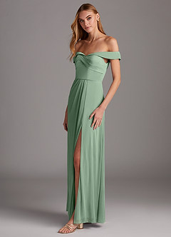 Azazie Mena Final Sale Agave A-Line Off the Shoulder Mesh Convertible Dress image4