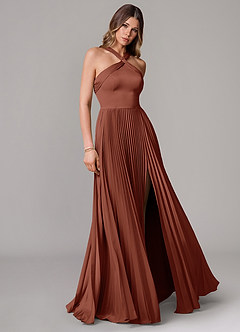 Azazie Afra Bridesmaid Dresses Auburn A-Line Pleated Stretch Satin Dress image1