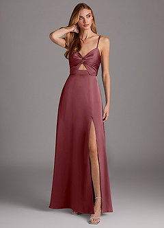 Azazie Jenna Vestidos de damas de honor Vestido de Rosa Del Desierto de Satén Elástico de Corte en A con Plisado image1