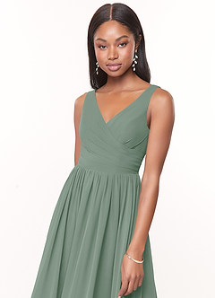 Azazie Keyla Bridesmaid Dresses Silver Sage A-Line V-Neck Pleated Chiffon Dress image7