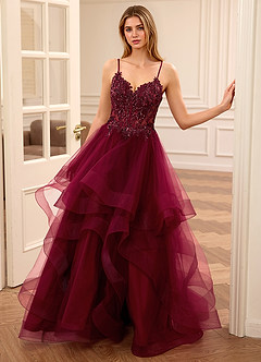 Zinnia Burgundy A-line Floral V-neck Tulle Tier Prom Dress image6
