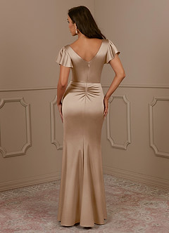 Azazie Roya Mother of the Bride Dresses Taupe Mermaid V-Neck Pleated Stretch Satin Dress image4