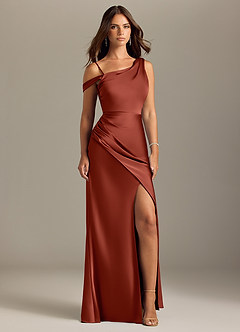 Azazie Madelyn Jurken voor bruidsmeisjes Converteerbaar Jurk van Stretch Satijn met Zeemeermin Off the Shoulder Terracotta image9
