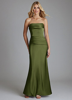 Azazie Lenya Bridesmaid Dresses Olive Sheath Pleated Stretch Satin Dress image1